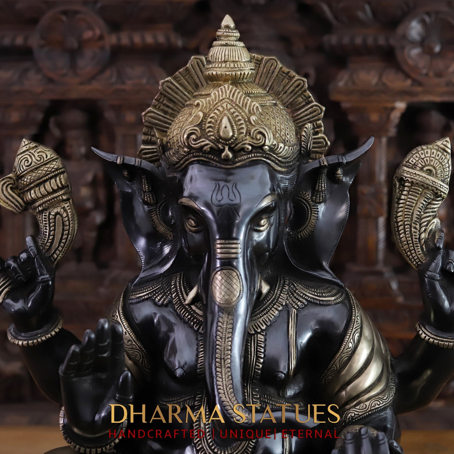 Brass Ganesh seated on Base, Black Patina & Golden Finish, 21"