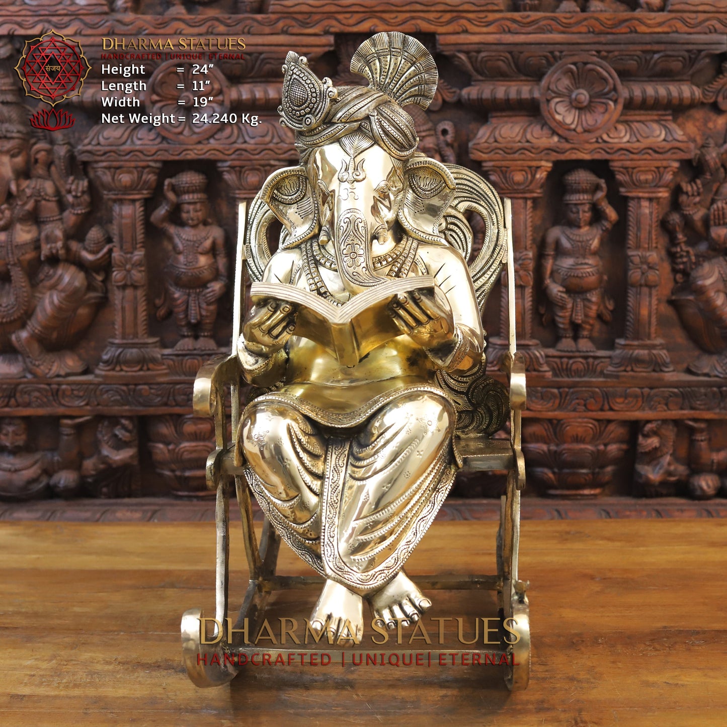 Brass Ganesh sitting on a Chair, Reading a Book, Golden Finish, 24"
