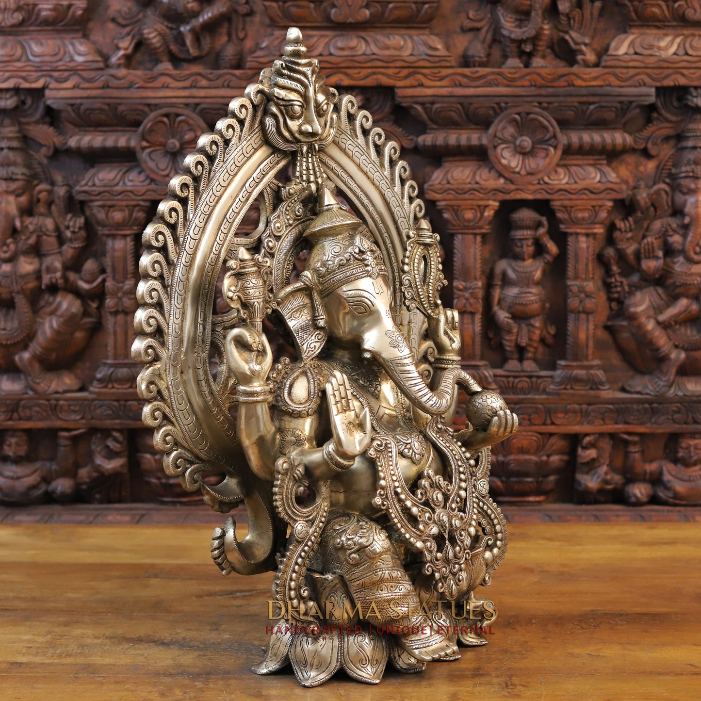 Brass Ganesh Seated with Frame,  Fine Golden Finish 25.5"