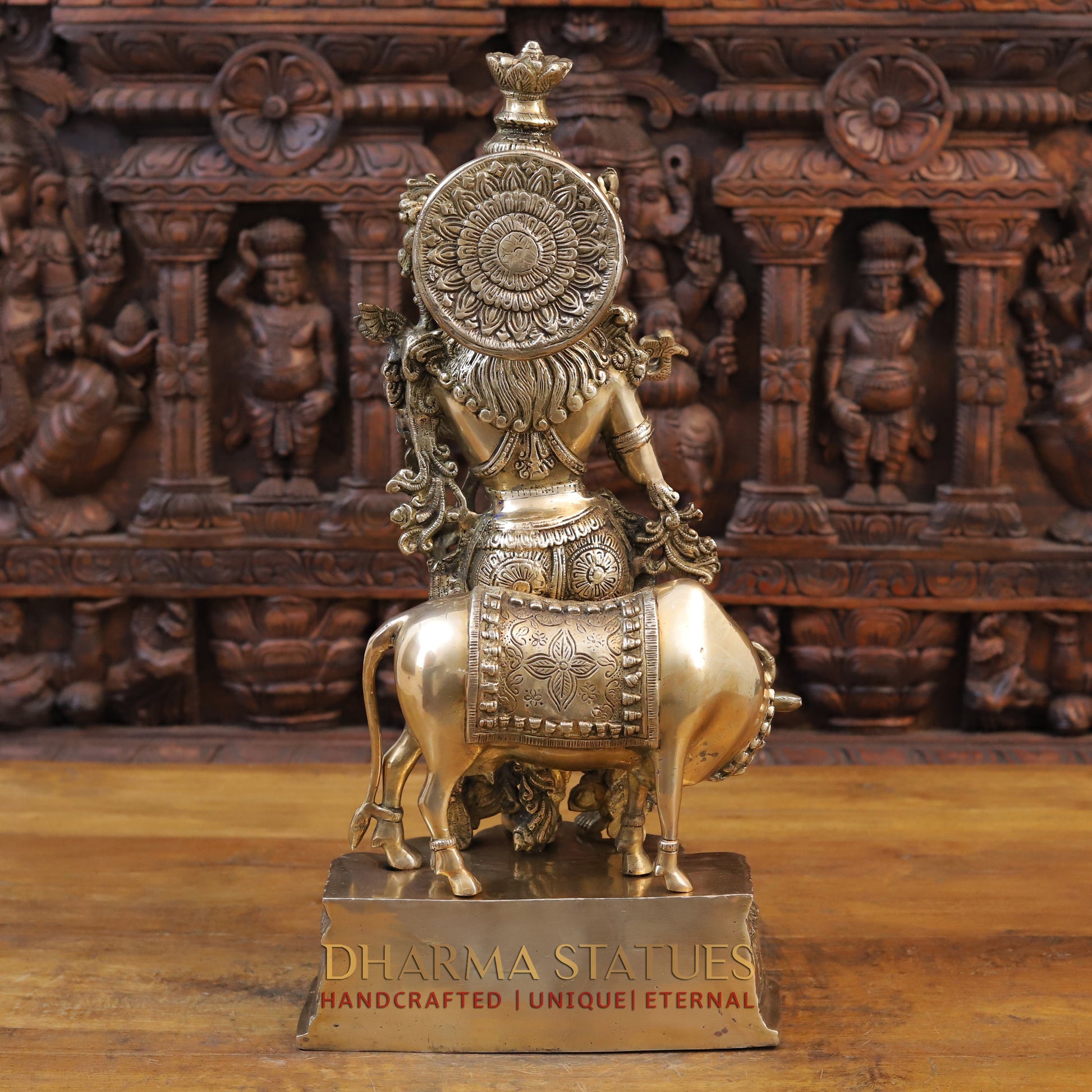 Brass Krishna Idol, Standing besides Cow, Fine Golden Finish 22.5" back view