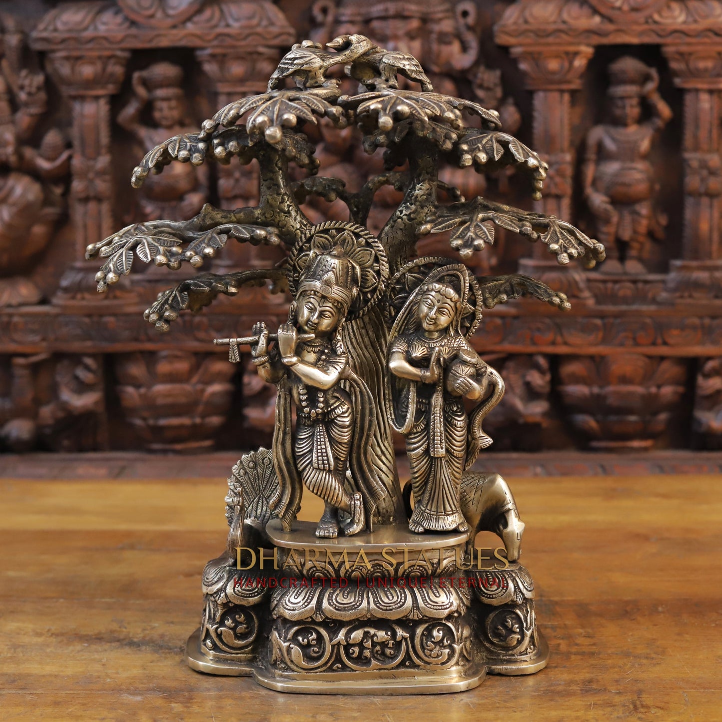 Brass Radha Krishna Statue, Standing Under a Tree, Golden Finish 17.5"