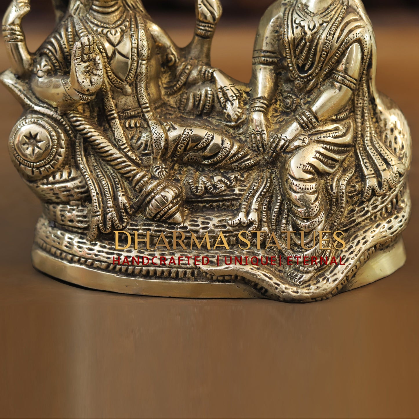 Brass Lakshmi Narayan Statue, Seated on Sheshnag, Fine Golden Finish 8"