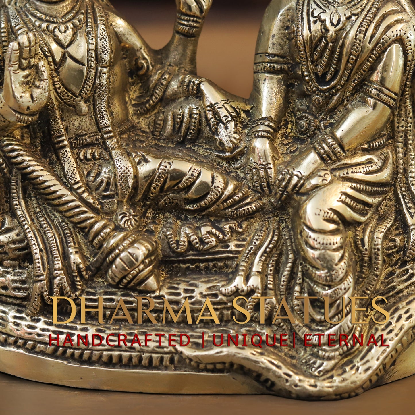 Brass Lakshmi Narayan Statue, Seated on Sheshnag, Fine Golden Finish 8"