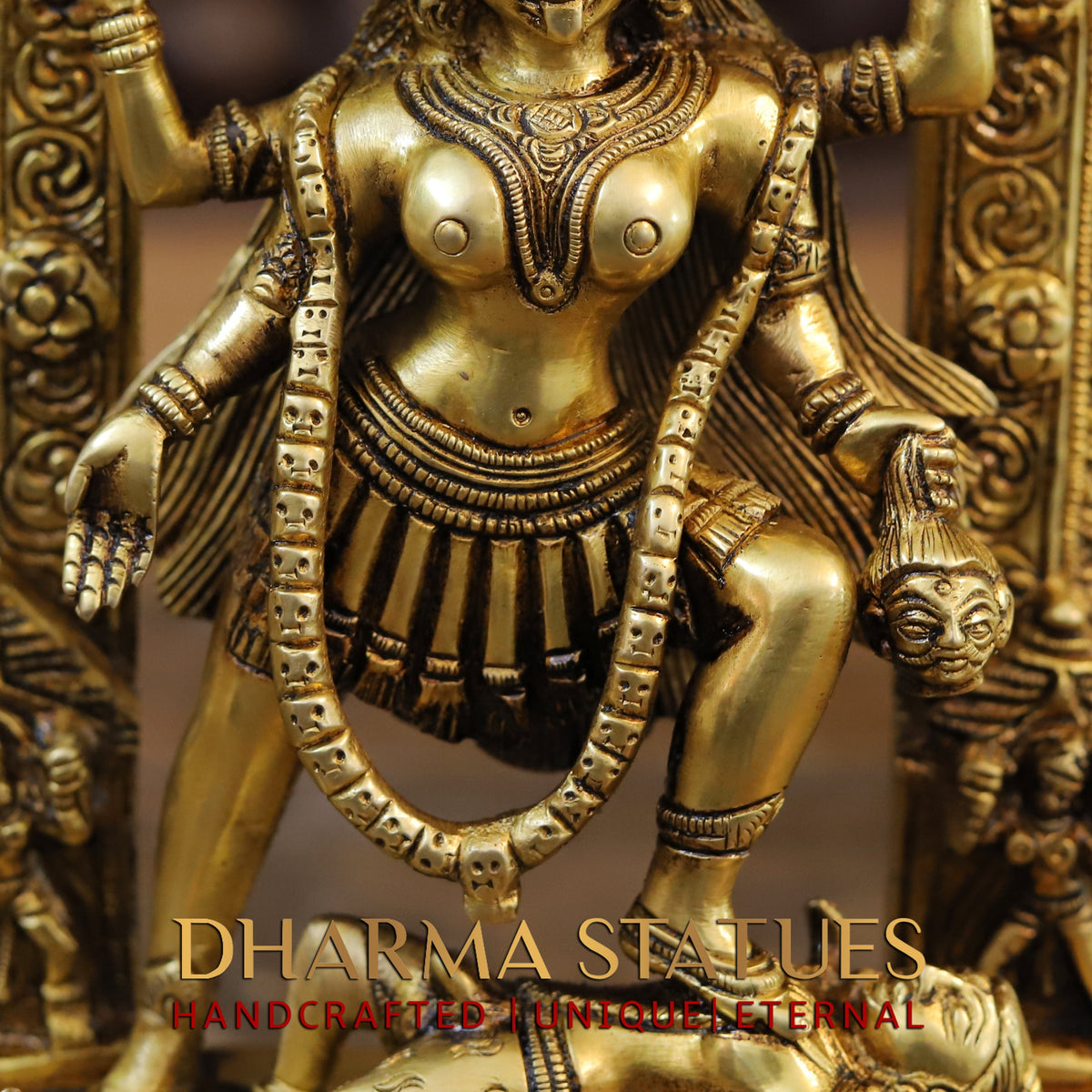 Brass Kali Statue with Kirtimukha, Fine Golden Finish, 10.5"