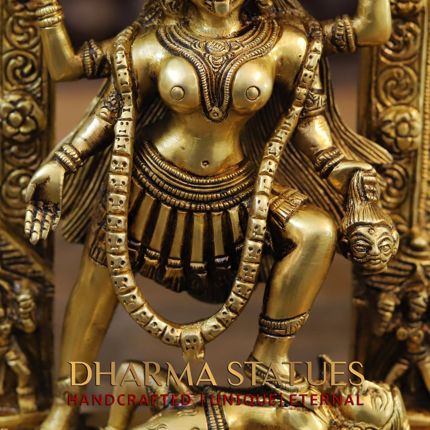 Brass Kali Statue with Kirtimukha, Fine Golden Finish, 10.5"
