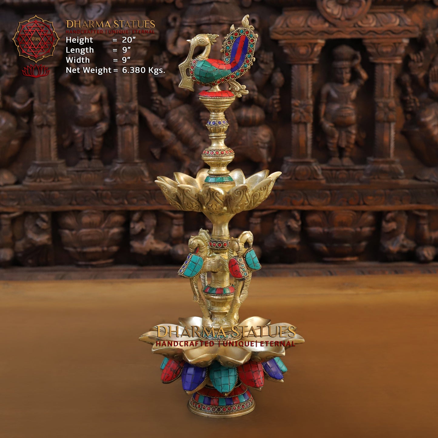 Brass Peacock Oil Lamp, Golden & Stonework, 20"