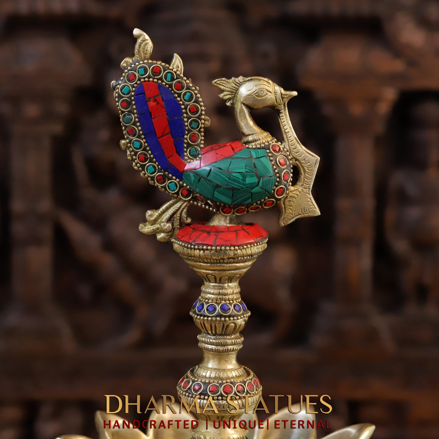 Brass Peacock Oil Lamp, Golden & Stonework, 20"