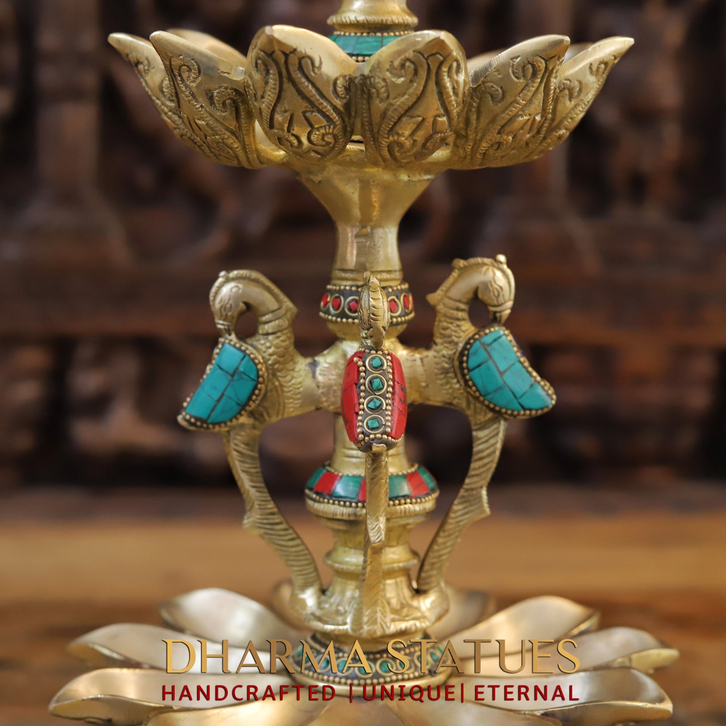 Brass Peacock Oil Lamp, Golden & Stonework, 20"