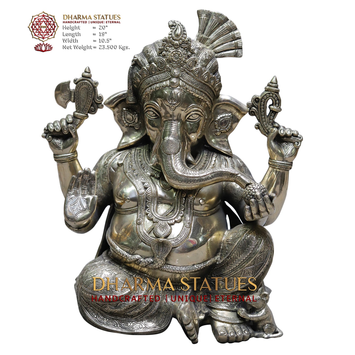 Brass Ganesh Seated, Silver Statue, 20"