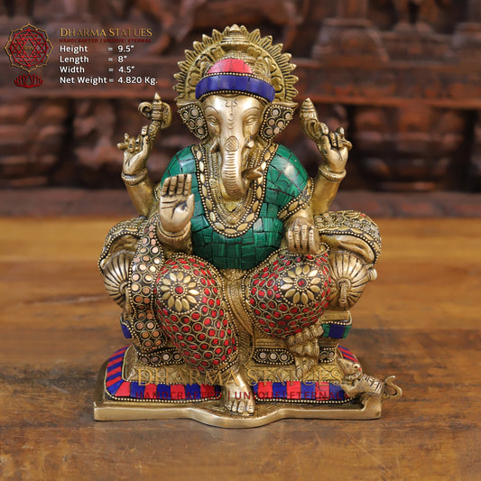 Brass Ganesh Sculpture, Blessing Posture, Golden and Stone work 9.5" Front View