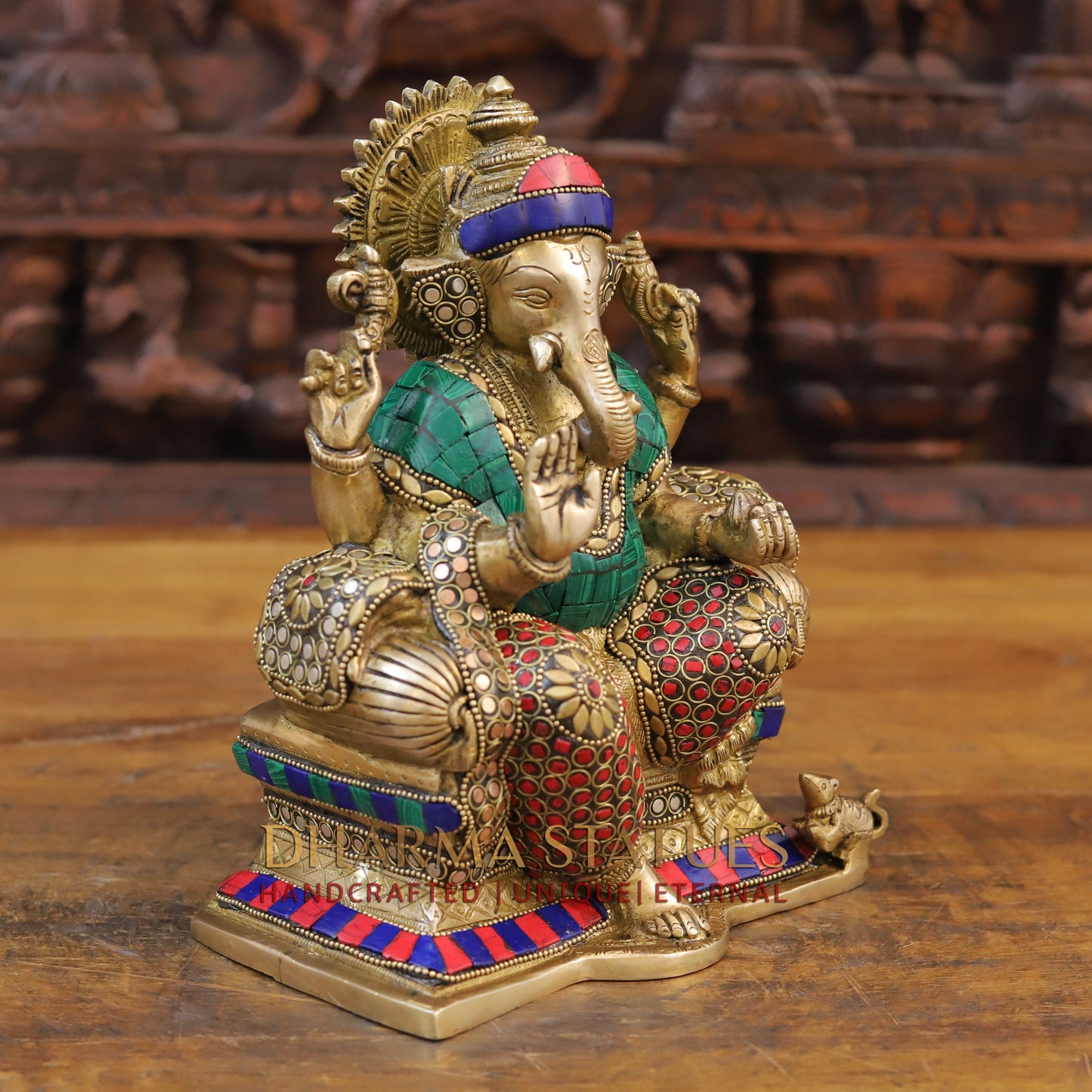 Brass Ganesh Sculpture, Blessing Posture, Golden and Stone work 9.5"