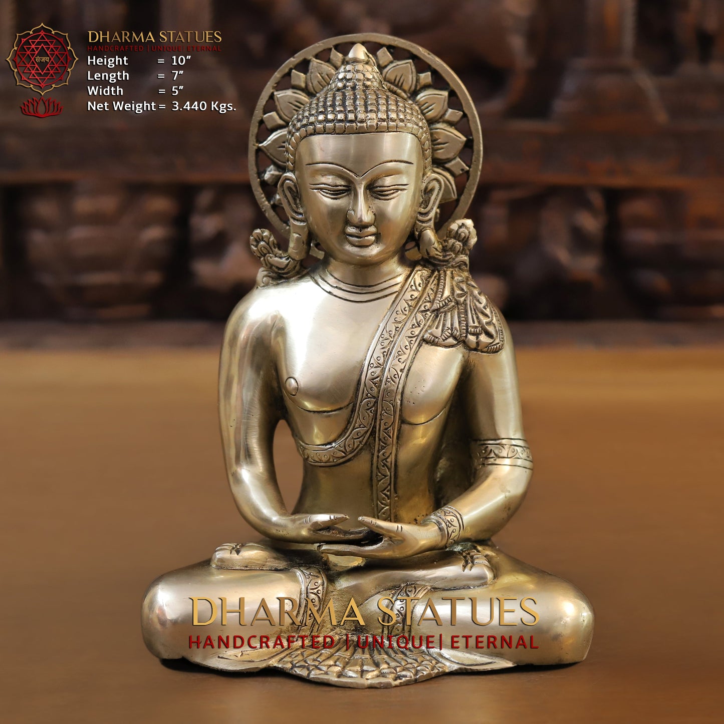 Brass Tibetan Buddha Seated, Golden Finish, 10"