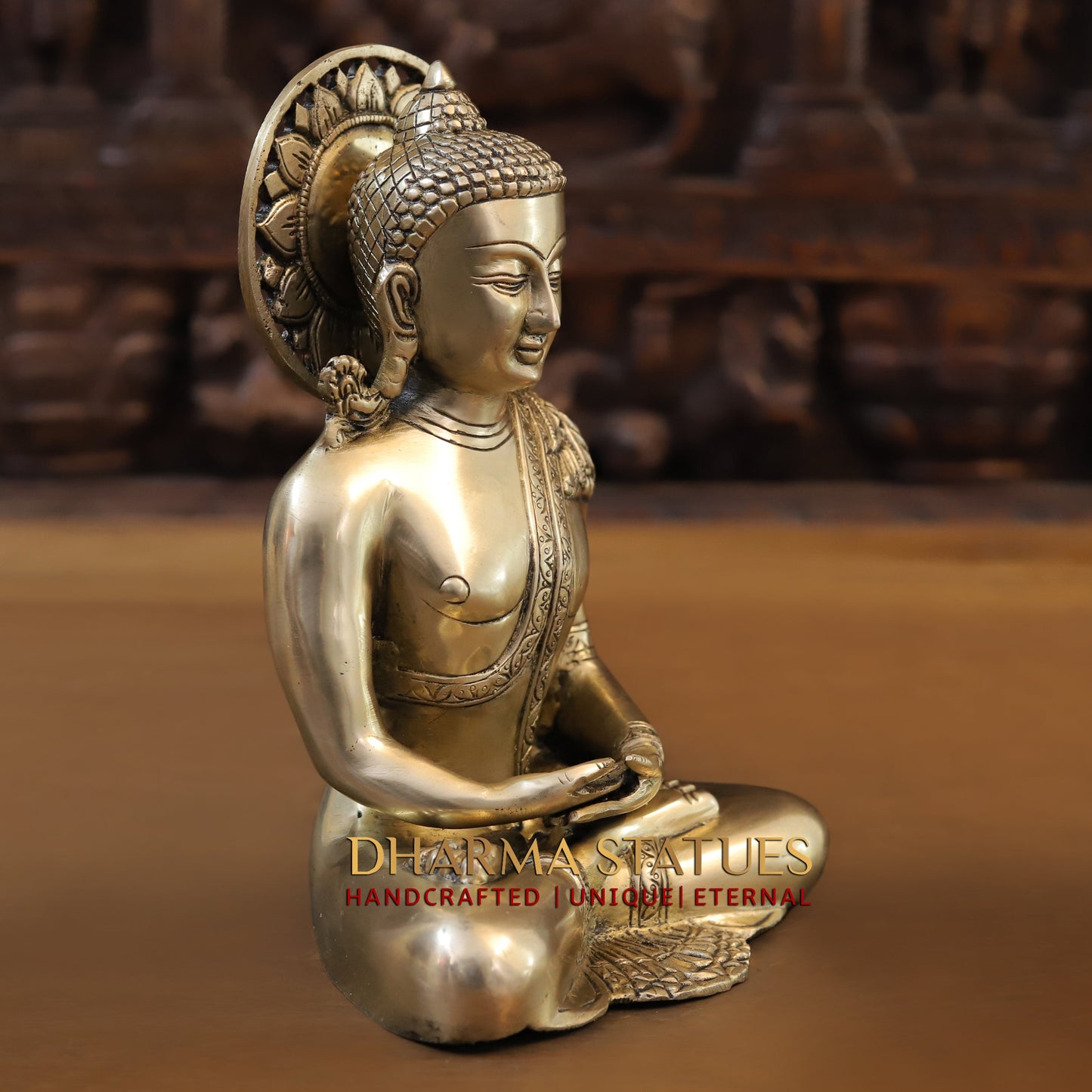 Brass Tibetan Buddha Seated, Golden Finish, 10"