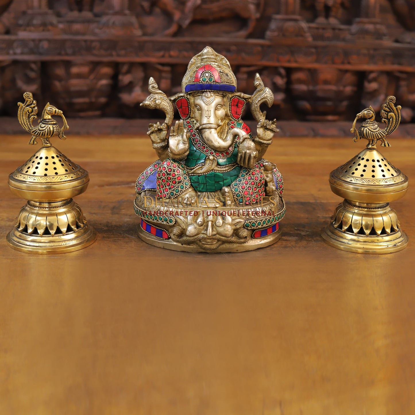 Brass Ganesh Statue, Seated in a Blessing Posture, Golden & Stone work 8.5"