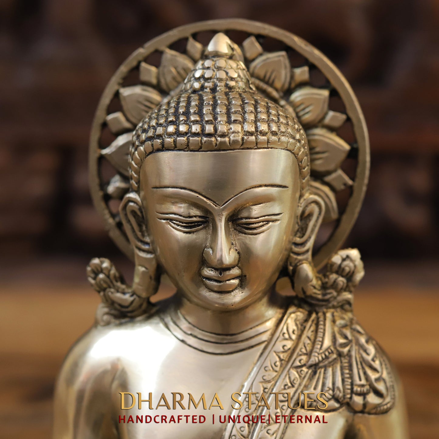 Brass Tibetan Buddha Seated, Golden Finish, 10"