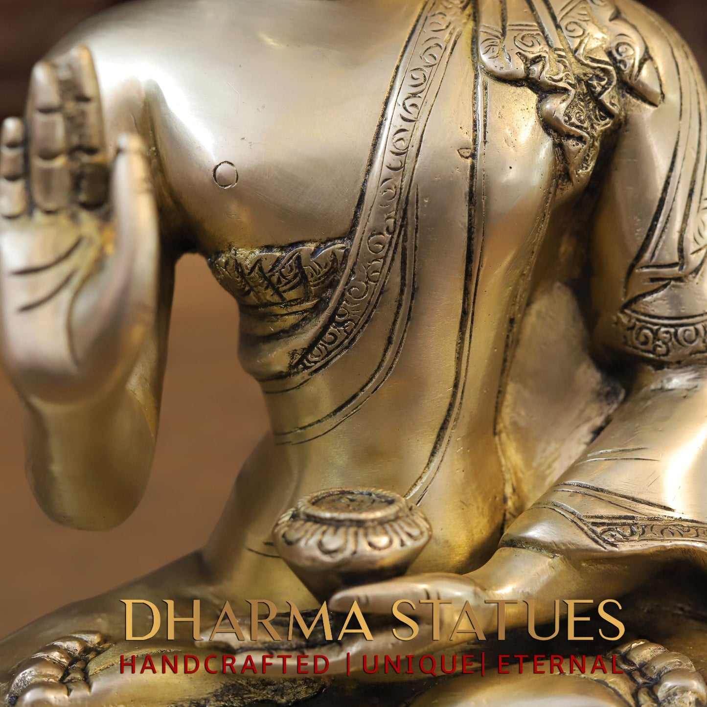 Brass Buddha in Blessing Position, Golden Finish, 11.5"