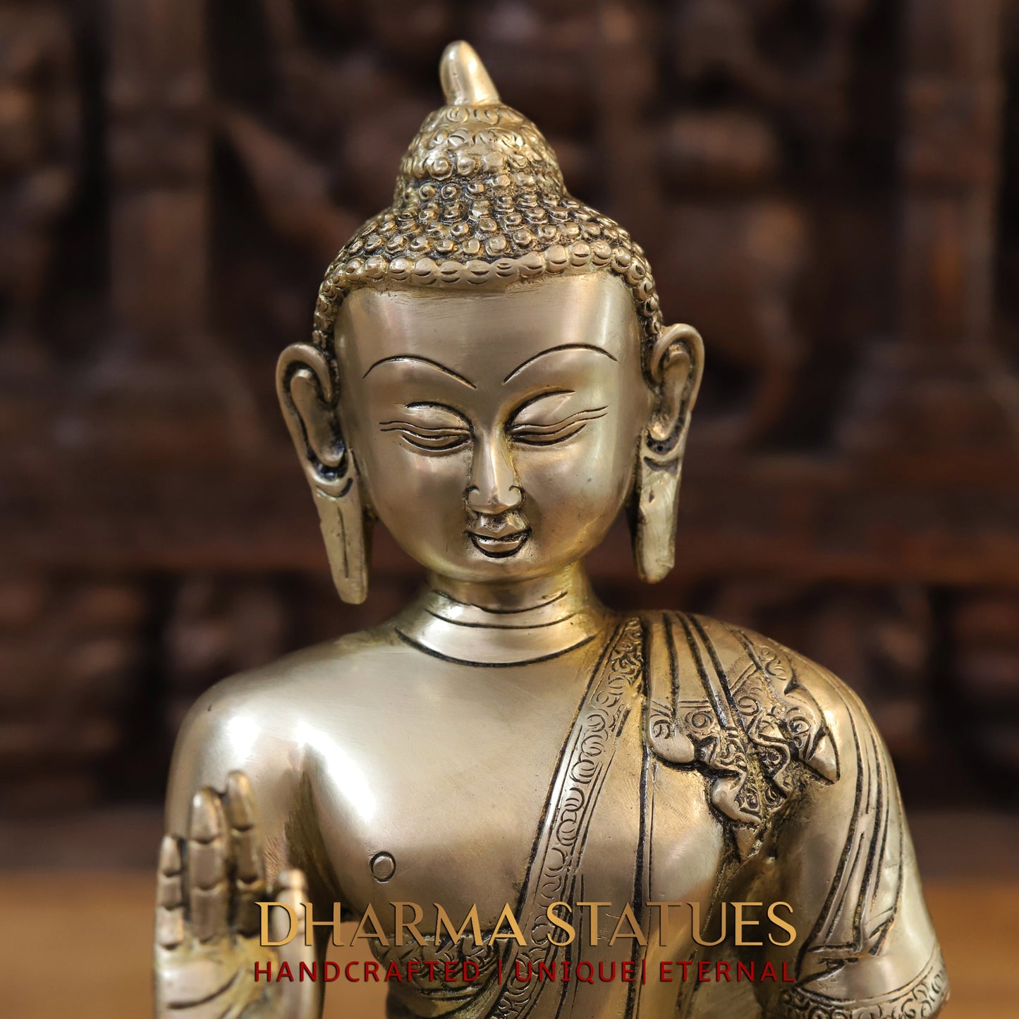 Brass Buddha in Blessing Position, Golden Finish, 14"