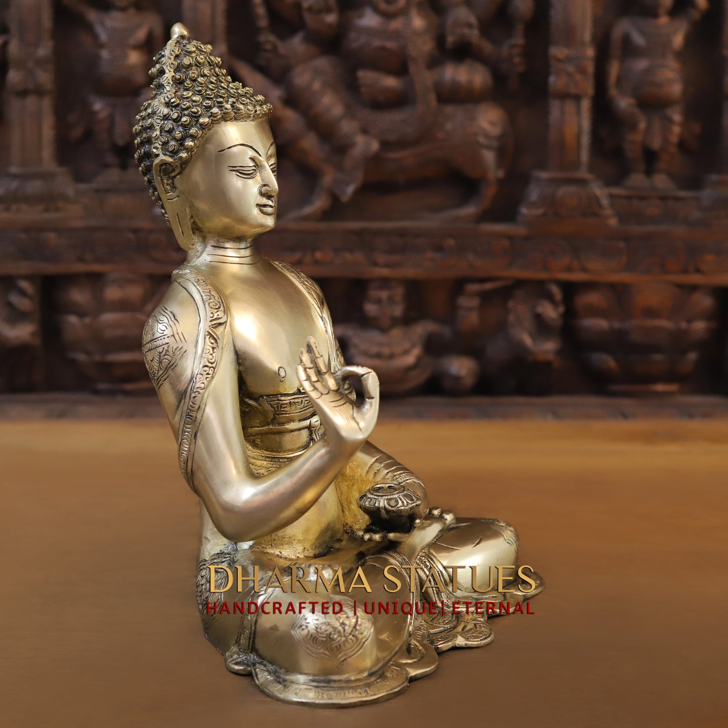 Brass Buddha in Blessing Position, Golden Finish, 13.5"