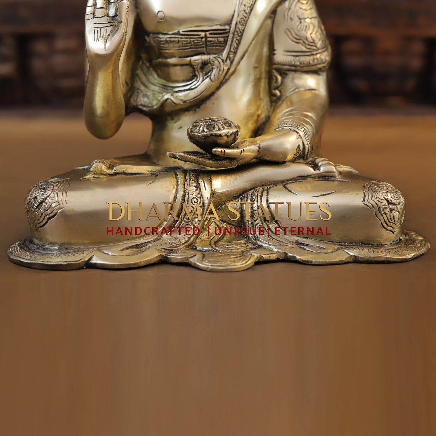 Brass Buddha in Blessing Position, Golden Finish, 13.5"
