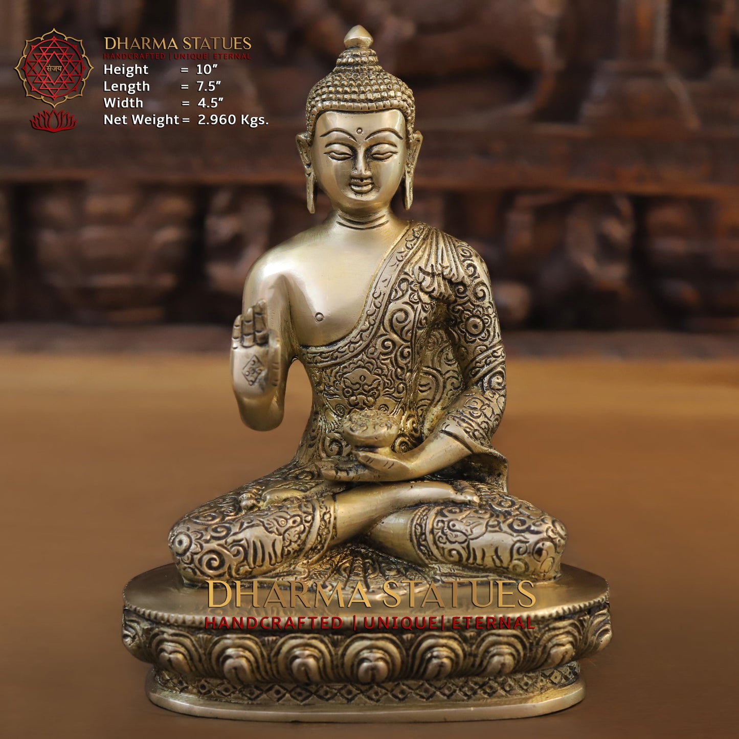 Brass Buddha in Blessing Position, Golden Finish, 10"