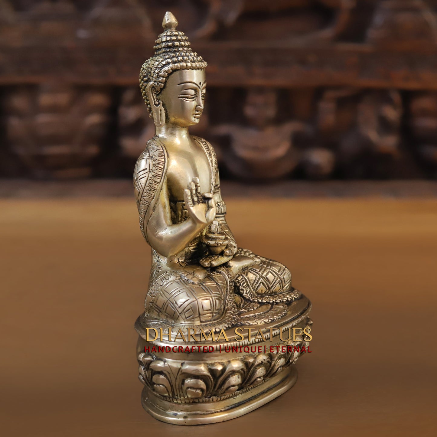 Brass Buddha in Blessing Position, Golden Finish, 8.5"