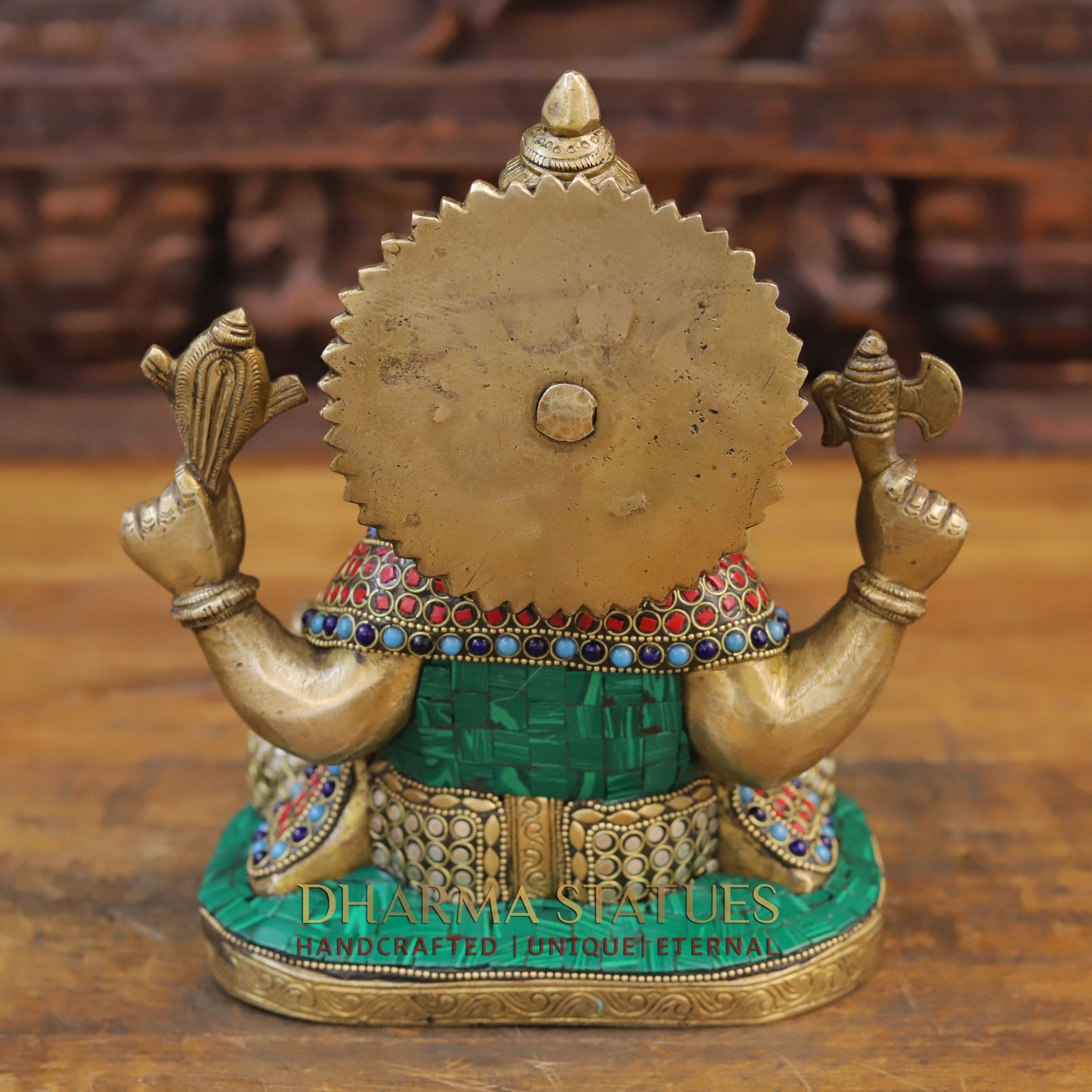 Brass Ganesh Idol, Seated, Golden and Stone work 9"