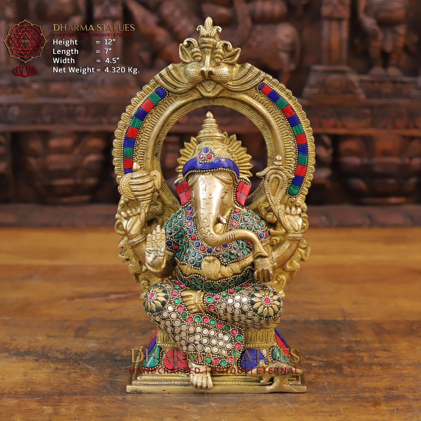 Brass Ganesh Seated with Frame Golden & Stone Work 12"