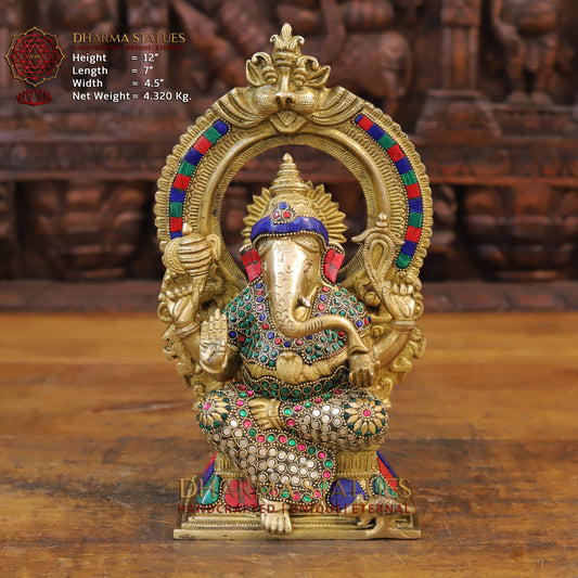 Brass Ganesh Seated with Frame Golden & Stone Work 12"