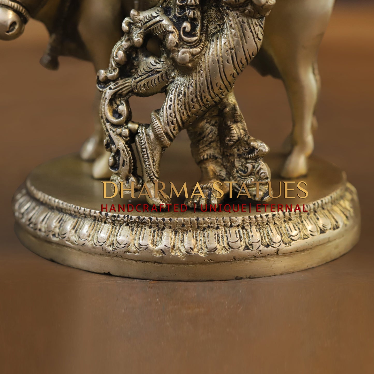 Brass Krishna Playing Flute with Nandi Cow on a Base, Gold Finish, 10"