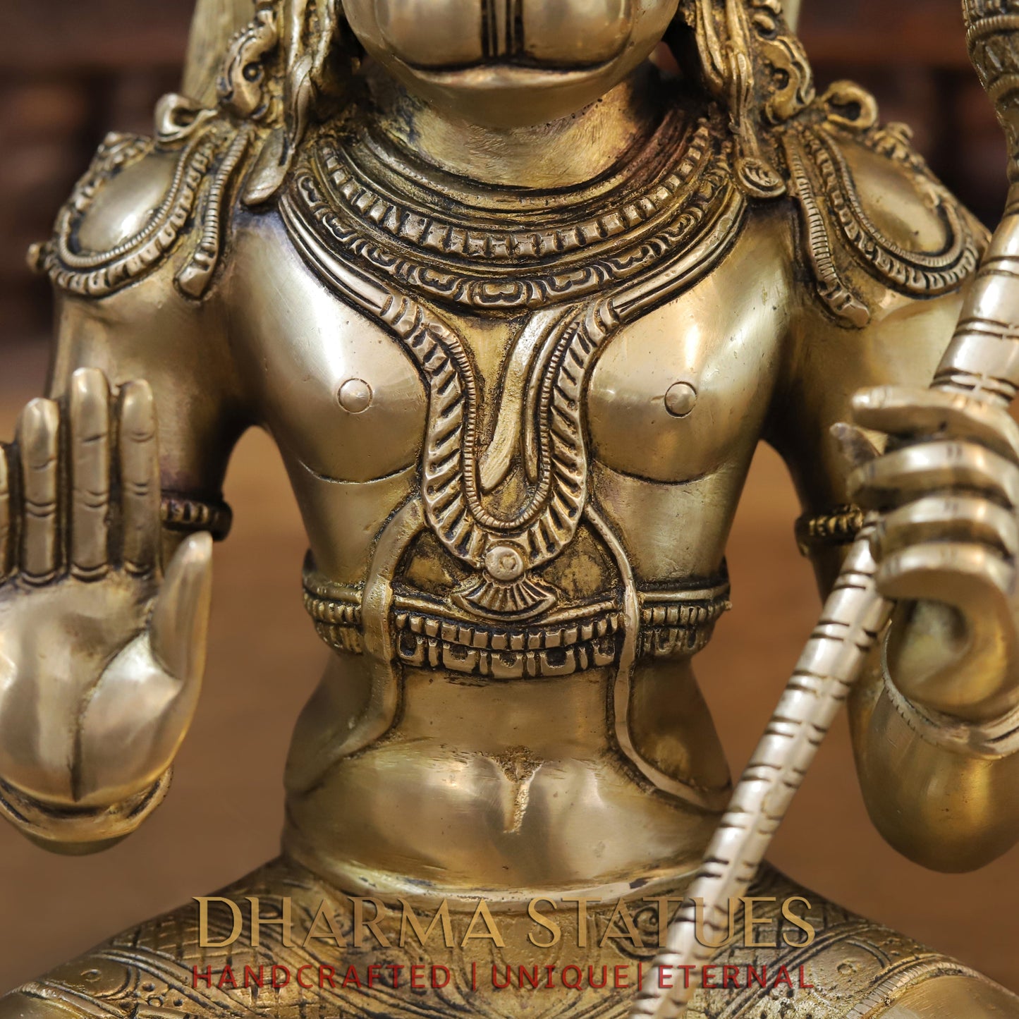 Brass Hanuman Statue, Seated in a Blessing Posture, Gold Finish, 13"