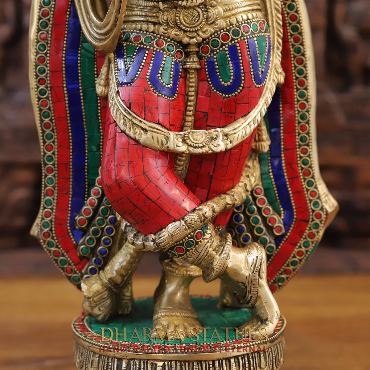 Brass Lord Krishna Idol, Playing Flute, Golden & Stone work 18.5"