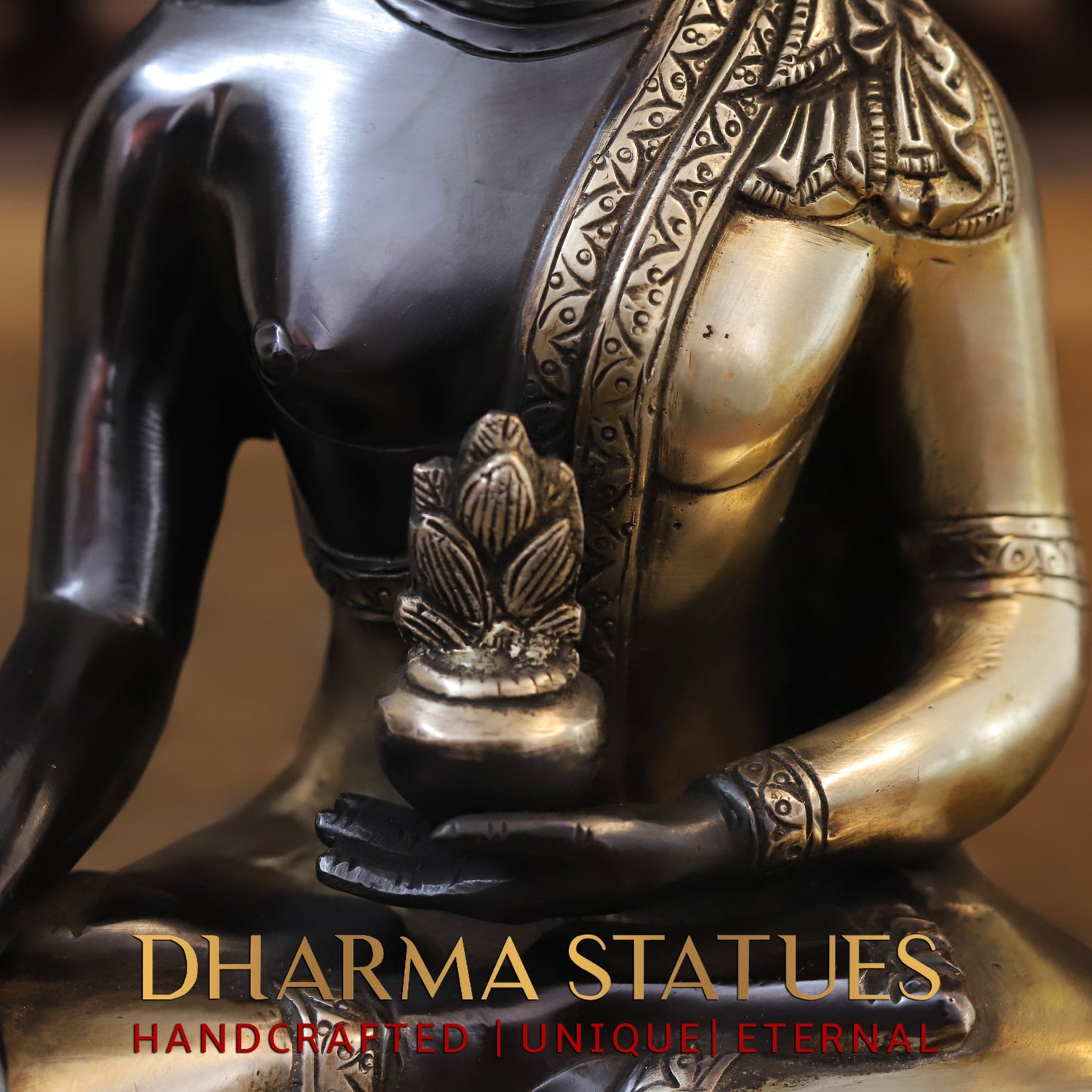 Brass Buddha Statue Seated, Black Patina & Golden Finish, 10"
