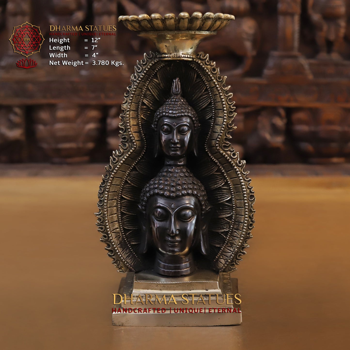Brass Buddha Statue With Candle Holder, Double Face Buddha, Black Patina & Golden Finish, 12"