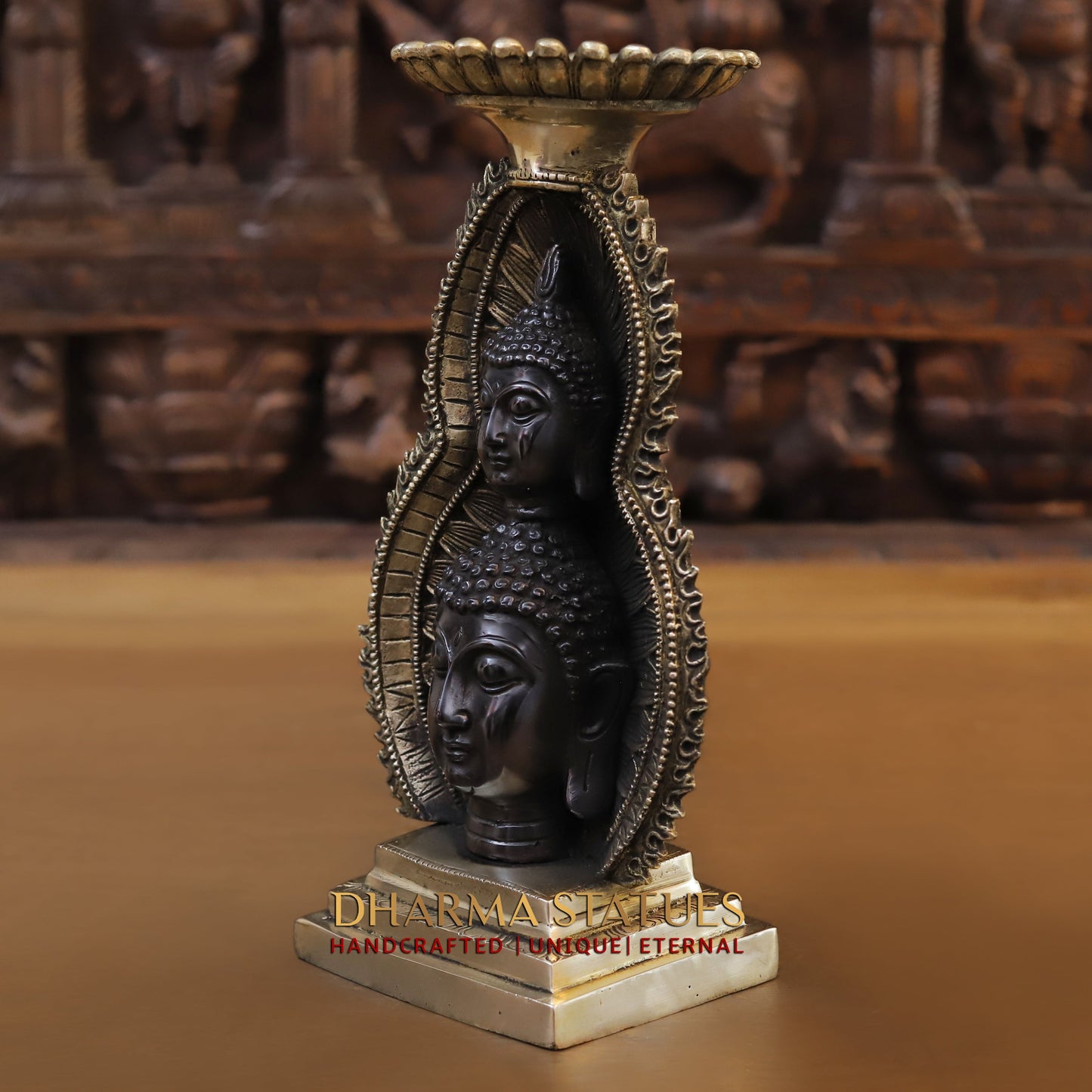 Brass Buddha Statue With Candle Holder, Double Face Buddha, Black Patina & Golden Finish, 12"