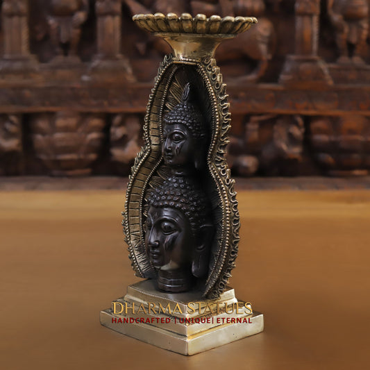 Brass Buddha Statue With Candle Holder, Double Face Buddha, Black Patina & Golden Finish, 12"