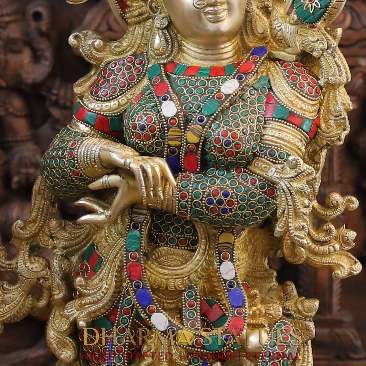 Brass Radha Krishna Statue, Stonework & Fine Gold Finish, 27"