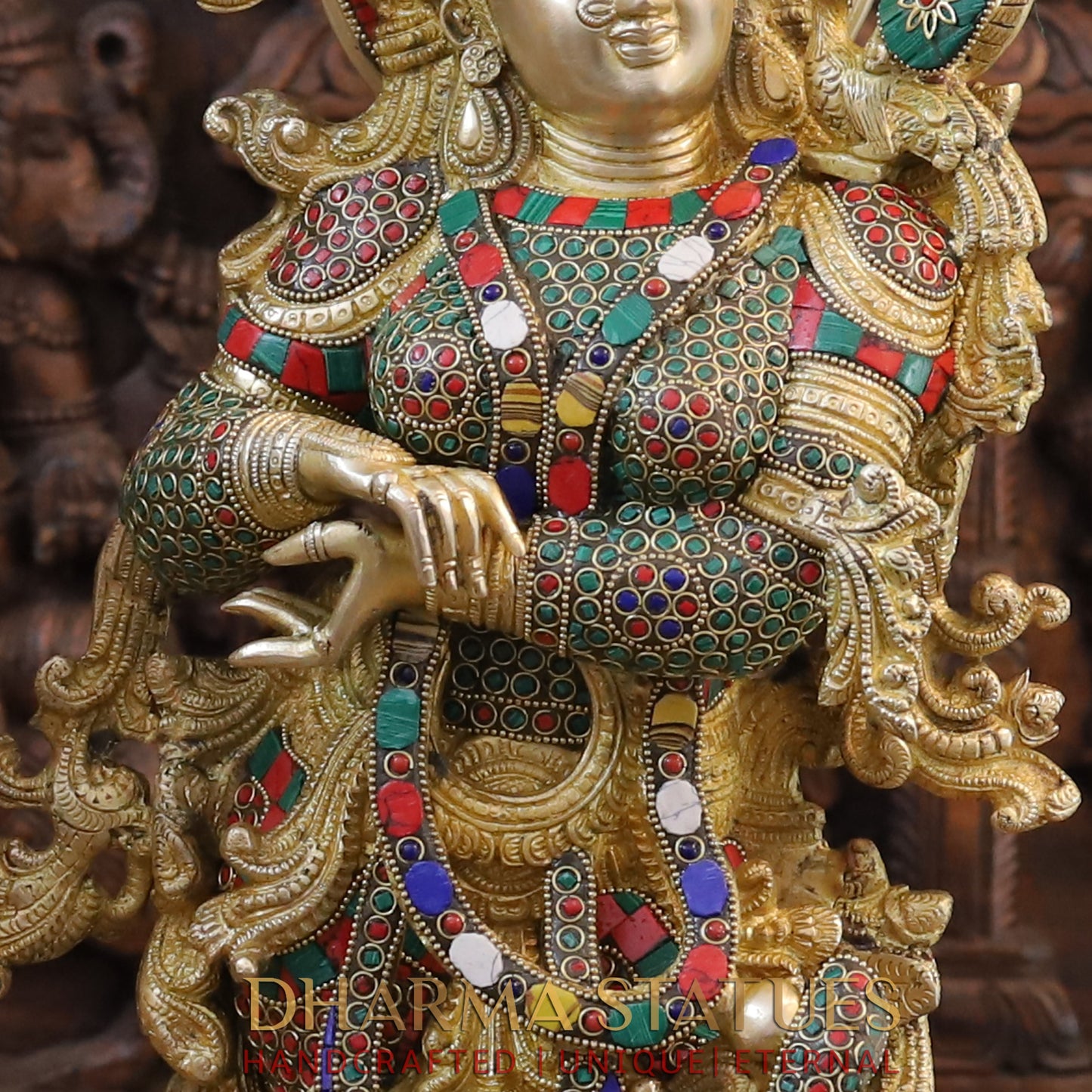 Brass Radha Krishna Statue, Stonework & Fine Gold Finish, 27"