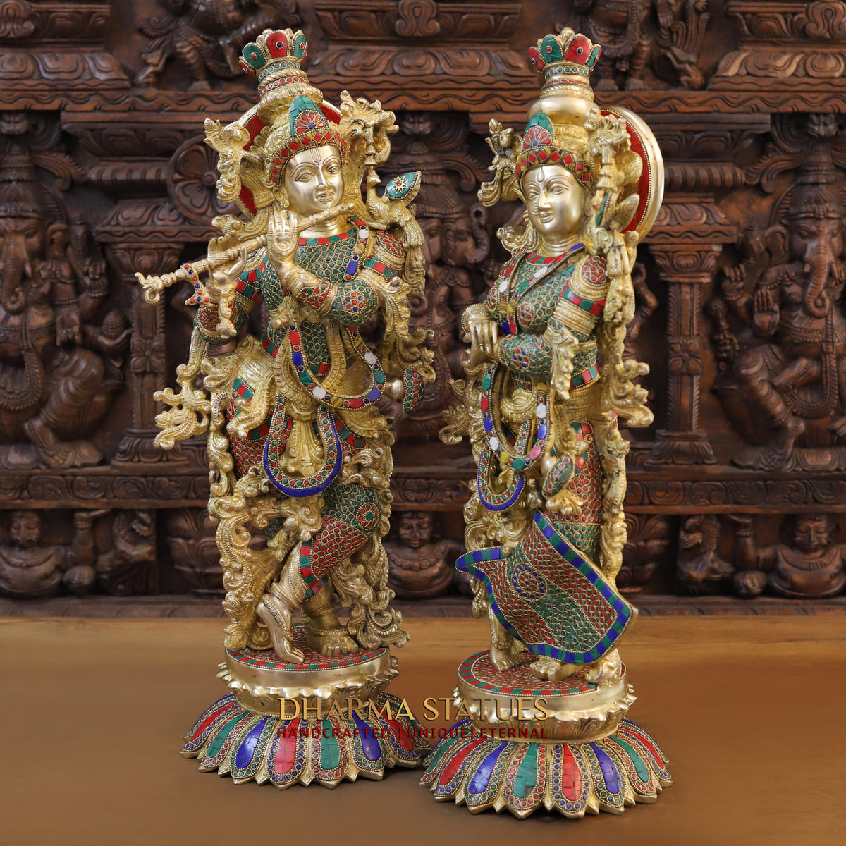 Brass Radha Krishna Statue, Stonework & Fine Gold Finish, 27"