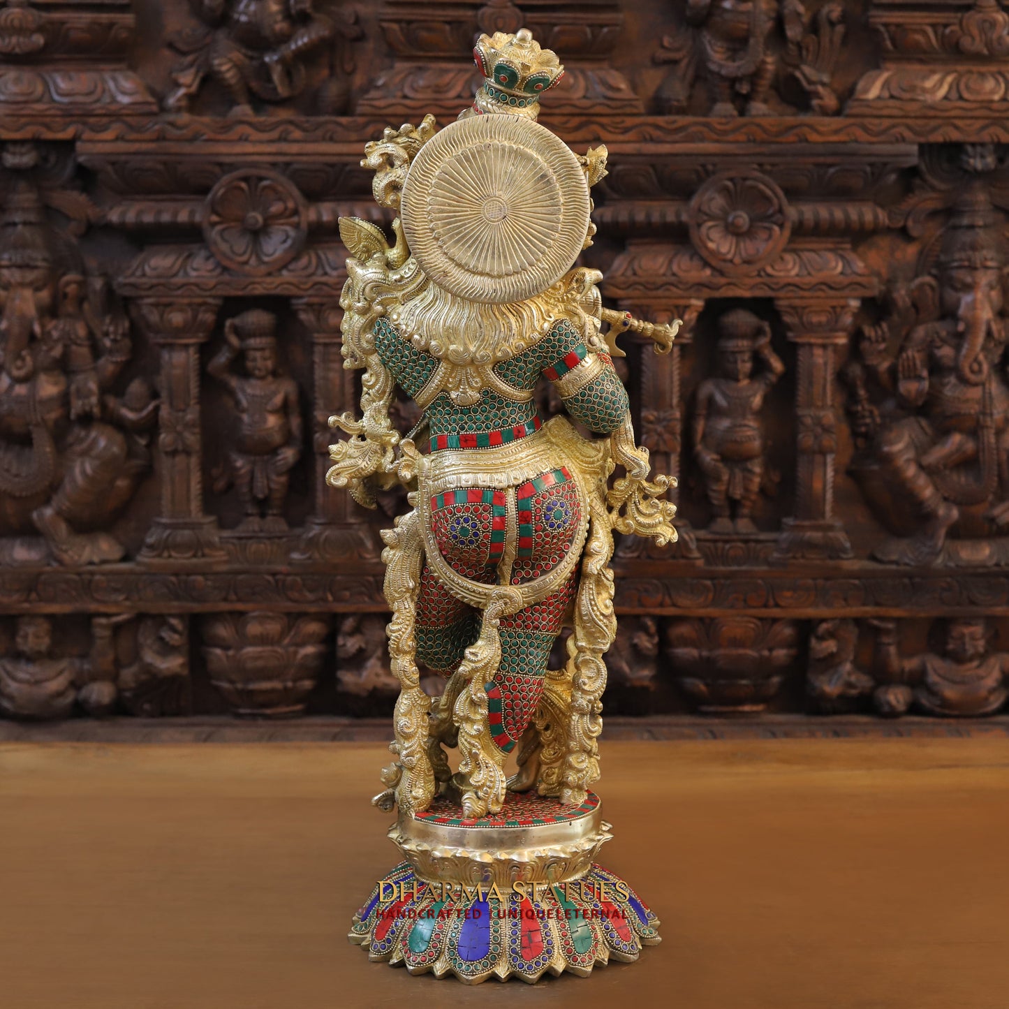 Brass Radha Krishna Statue, Stonework & Fine Gold Finish, 27"