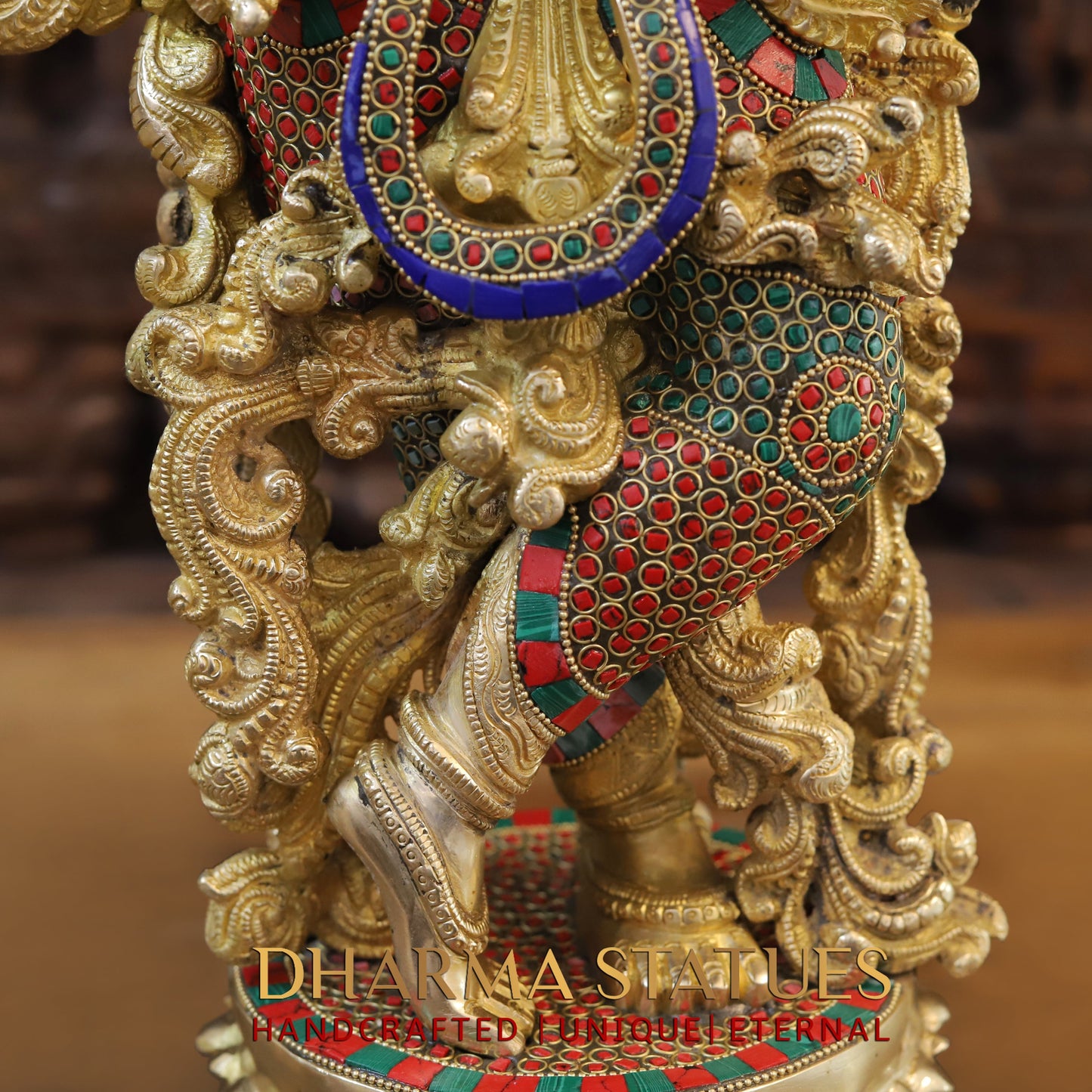 Brass Radha Krishna Statue, Stonework & Fine Gold Finish, 27"