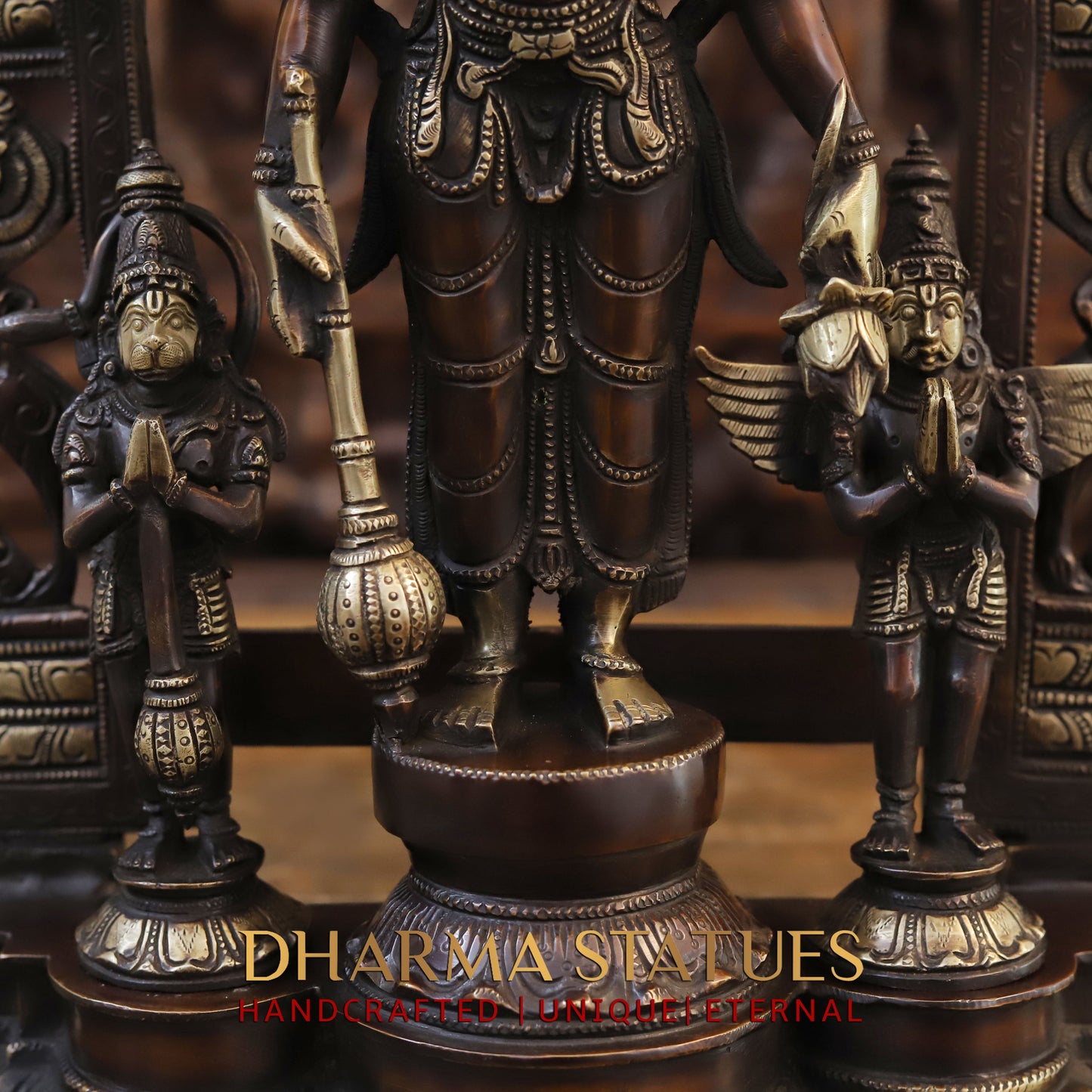 Brass Vishnu in Frame with Garuda and hanuman, Copper & Golden Finish, 24"