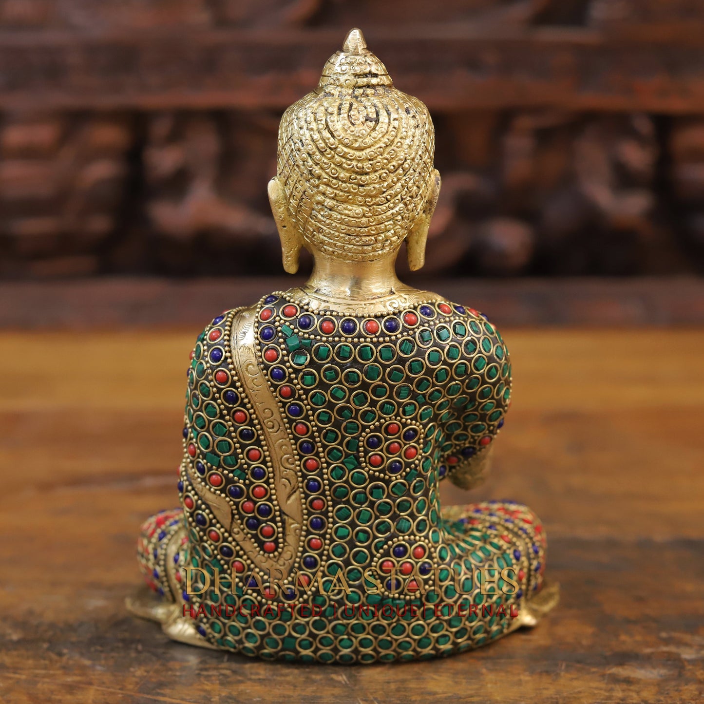 Brass Buddha Idol, Seated, Golden & Fine Stone work 8.5"
