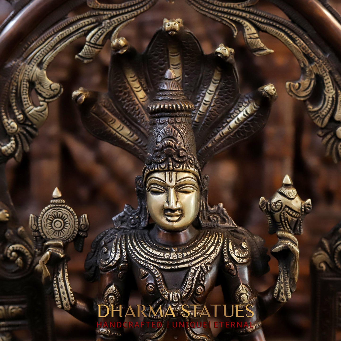 Brass Vishnu in Frame with Garuda and hanuman, Copper & Golden Finish, 24"