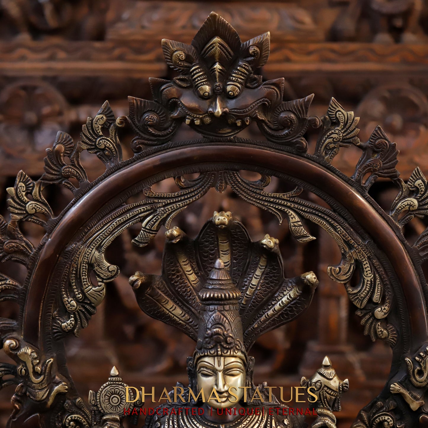 Brass Vishnu in Frame with Garuda and hanuman, Copper & Golden Finish, 24"