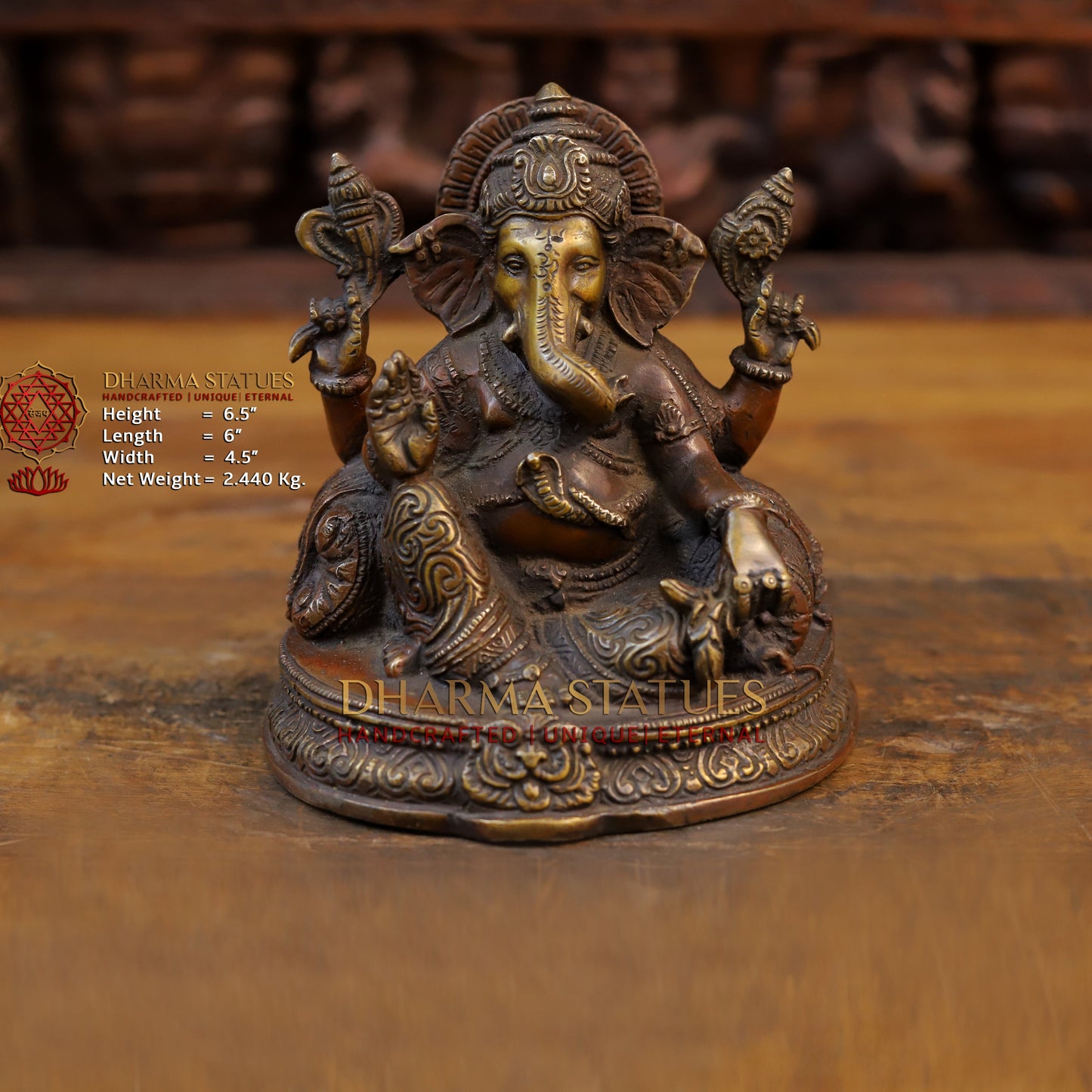 Brass Ganesh Idol, Golden and Copper Finish 6.5"