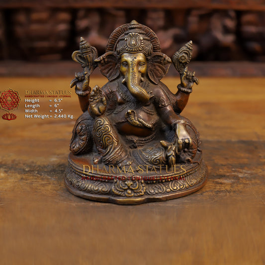 Brass Ganesh Idol, Golden and Copper Finish 6.5"