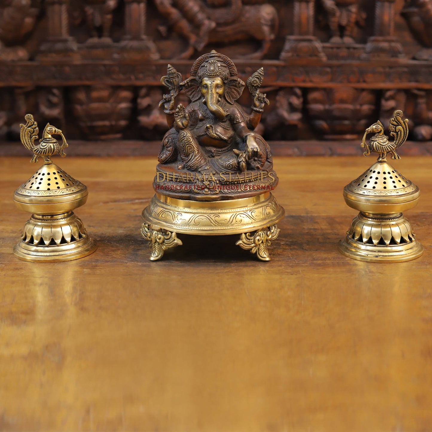 Brass Ganesh Idol, Golden and Copper Finish 6.5"