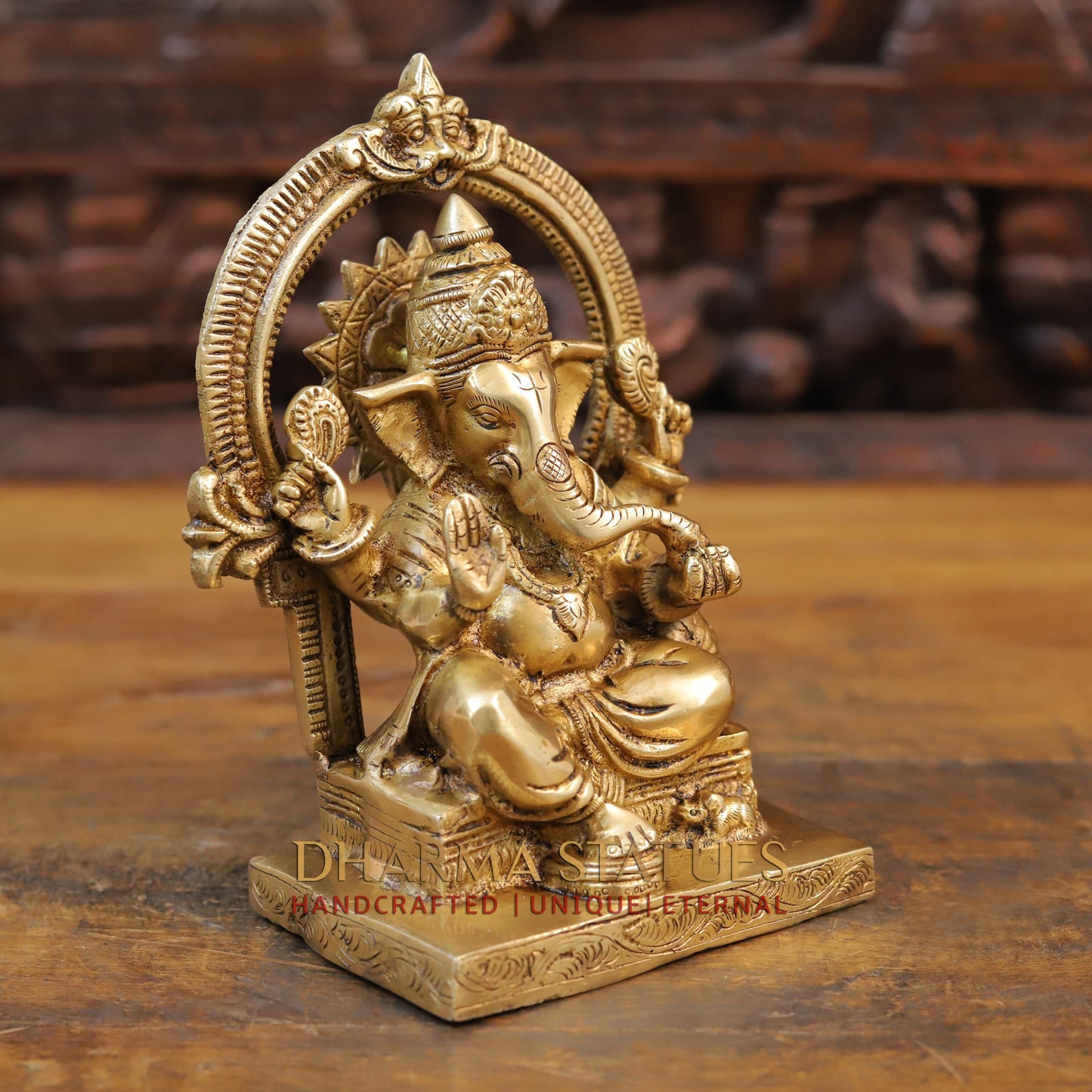 Brass Ganesh Statue, Seated, Fine Golden Finish 8.5"