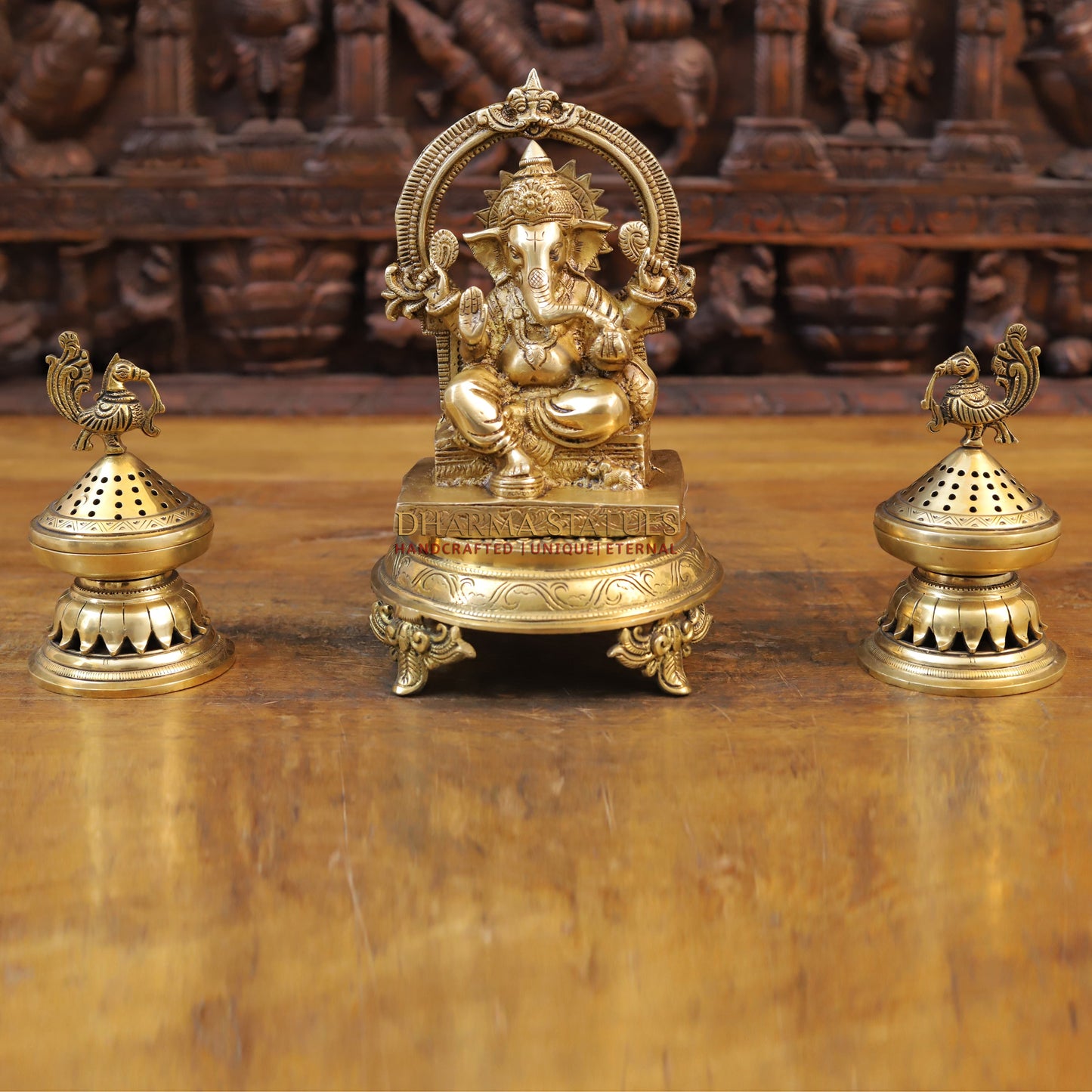 Brass Ganesh Statue, Seated, Fine Golden Finish 8.5"