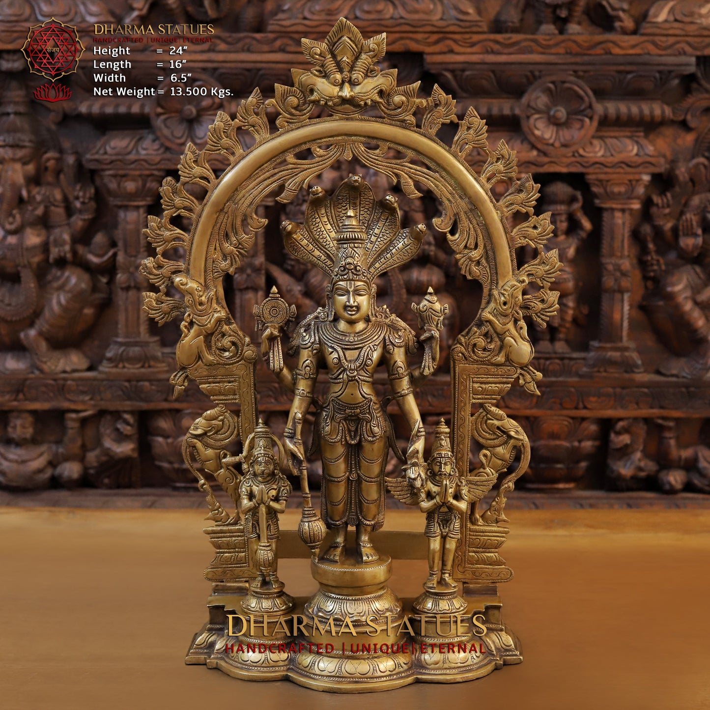 Brass Vishnu in Frame with Garuda and hanuman, Fine Golden Finish, 24"